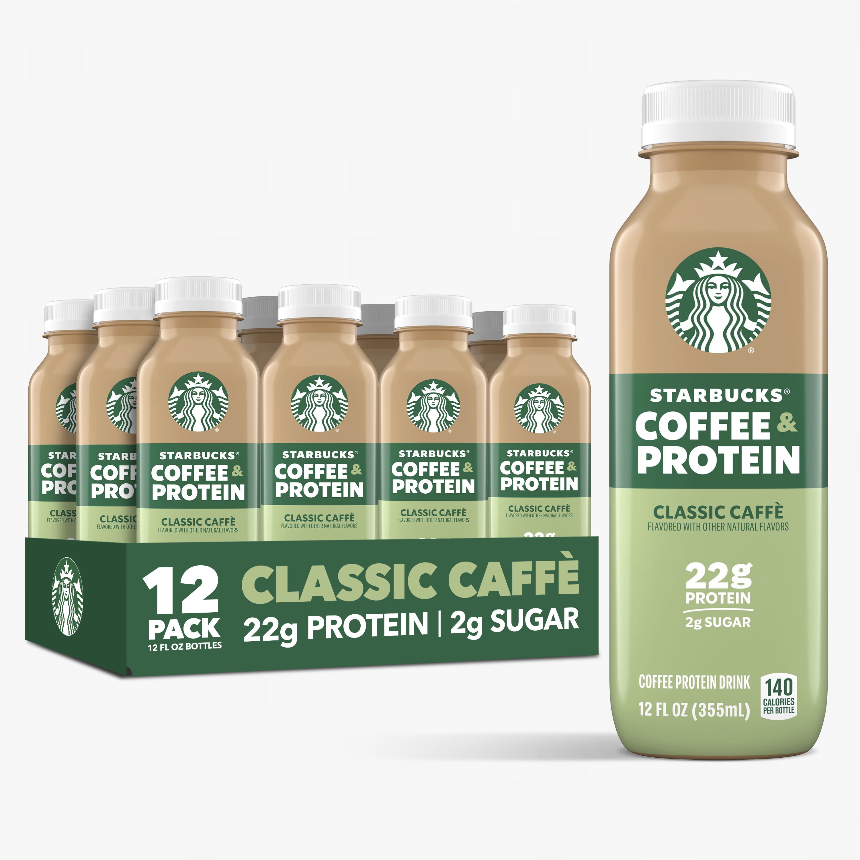 Starbucks Coffee & Protein, Classic Caffe, 12 fl oz Bottles, (12 pack) High Protein Iced Coffee​
