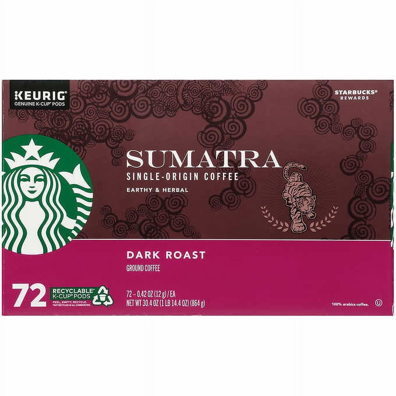 Starbucks Coffee Single Origin Sumatra Dark Roast KCup, 72Count
