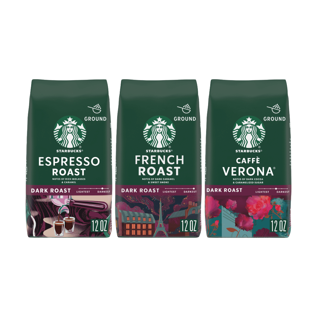 Starbucks Dark Roast Ground Coffee, Variety Pack, French Roast, Caffe Verona, Espresso Roast, 36 oz