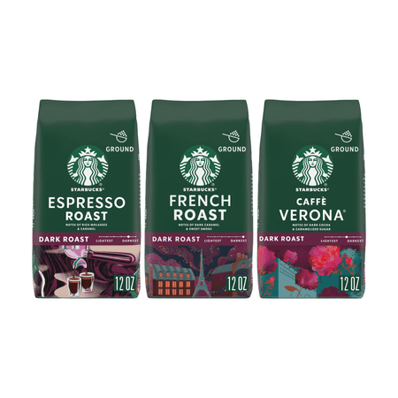 Starbucks Dark Roast Ground Coffee, Variety Pack, French Roast, Caffe Verona, Espresso Roast, 36 oz