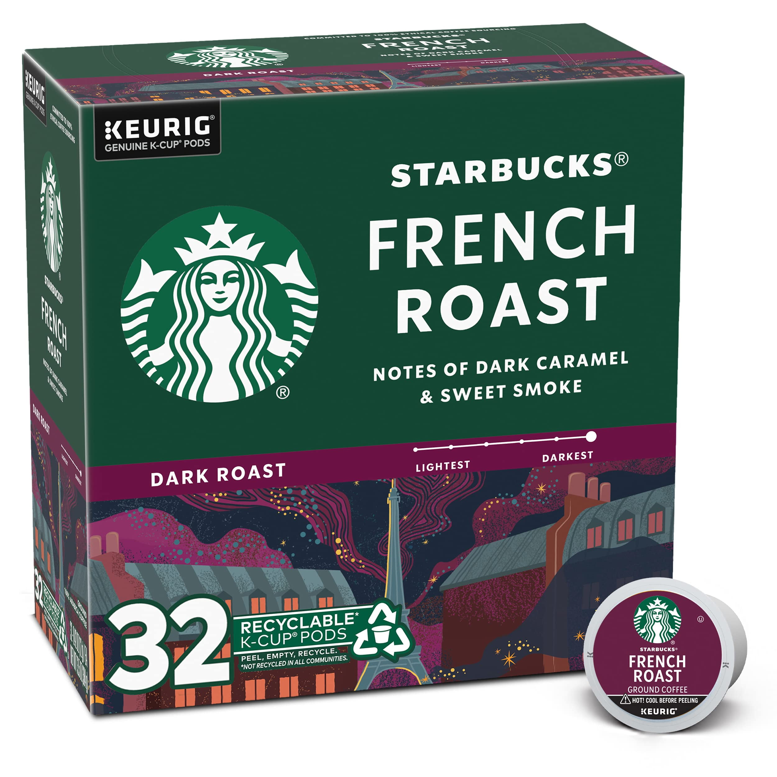 Starbucks K-Cup Coffee Pods, Dark Roast Hot or Iced Coffee, French Roast, 32 Keurig Pods