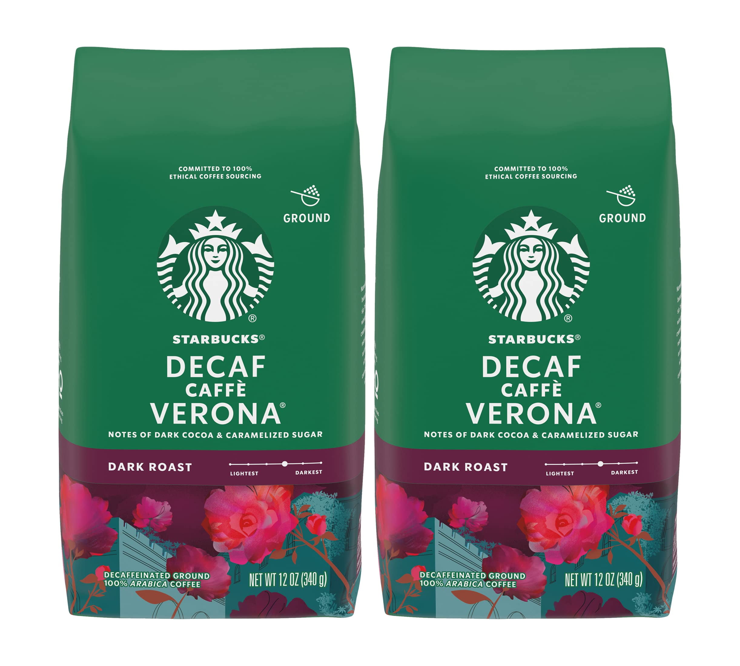 Starbucks Decaf Ground Coffee, Caffè Verona, Dark Roast Decaffeinated Ground 100% Arabica Coffee, Notes Of Dark Cocoa & Caramelized Sugar, 12-Ounce Bag (Pack Of 2) Packaging May Vary