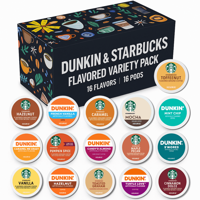 Starbucks & Dunkin Flavored Coffee Pods Variety Pack, 16 Unique K