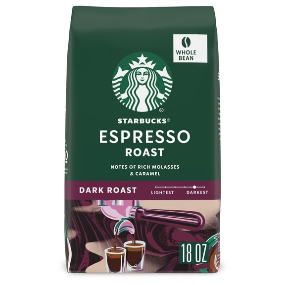Starbucks Espresso Roast Whole Bean Coffee, Dark Roast Hot or Iced Coffee, 18 oz Bag