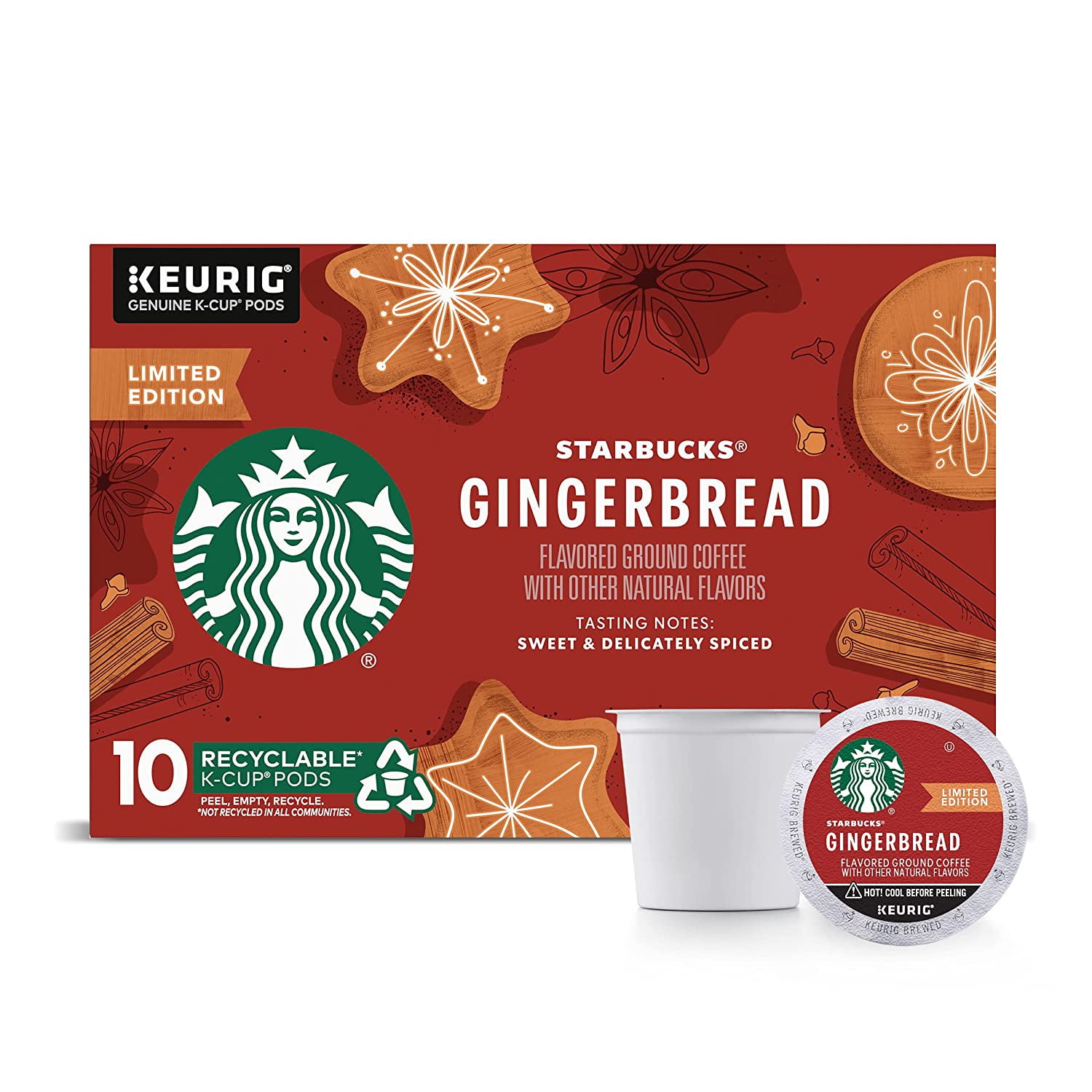 Starbucks Flavored Coffee K-Cup Pods, Gingerbread for Keurig Brewers, Holiday Limited Edition, 10 Count