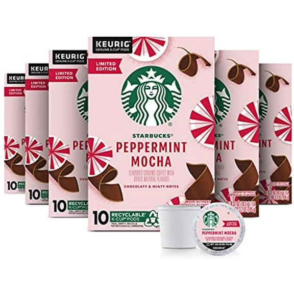 Starbucks Flavored Coffee K-Cup Pods Peppermint Mocha For Keurig Brewers Holiday Limited Edition 6 Boxes (60 Pods Total)
