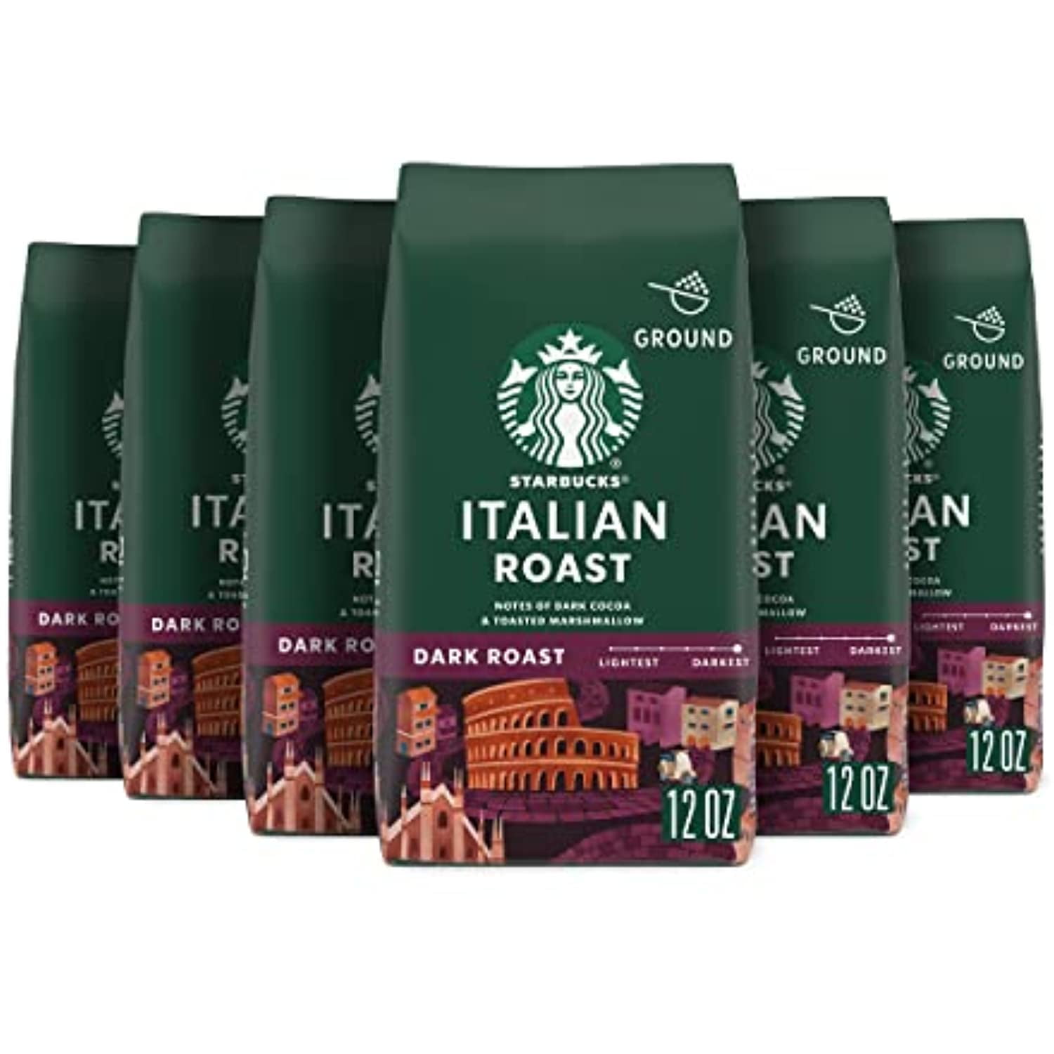 Starbucks Ground Coffee—Dark Roast Coffee—Italian Roast—100% Arabica—6 Bags (12 Oz Each)