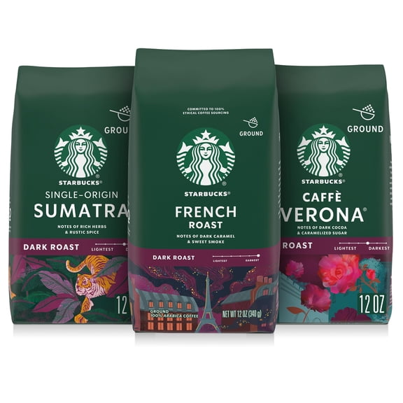 Starbucks Ground Coffee, Dark Roast Hot or Iced Coffee, Variety Pack, Three 12 oz Bags