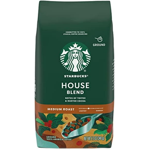 Starbucks Ground Coffee, Decaf House Blend, Medium Roast Decaffeinated Coffee, Notes Of Toffee & Dusted Cocoa, Ground 100% Arabica Coffee, 12-Ounce Bag (Pack Of 1)