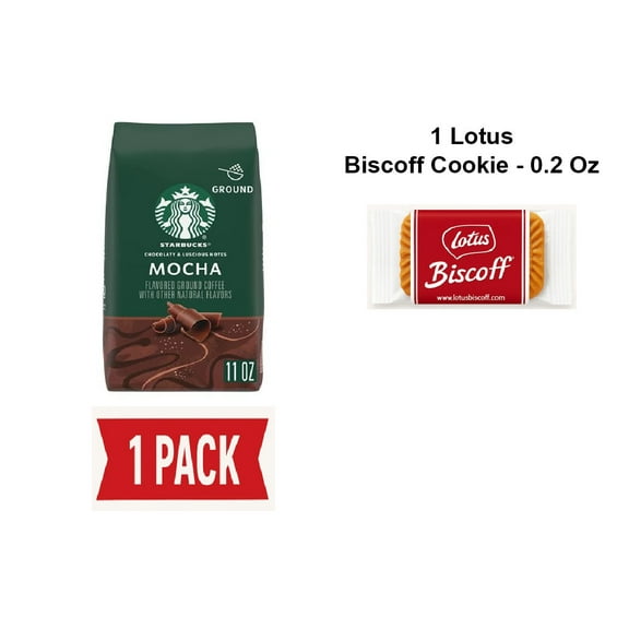 Starbucks Ground Coffee, Mocha Flavored Coffee, Naturally Flavored, 100% Arabica, 1 Bag (11 Oz) - Pack Of 1 & Lotus Biscoff Cookie - 0.2 Oz - 1 ct