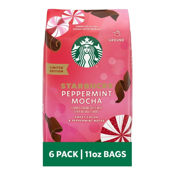 Starbucks Ground Coffee, Peppermint Mocha Naturally Flavored Coffee, 100% Arabica, Limited Edition Holiday Coffee, 6 Bags (11 Oz Each) Packaging May Vary