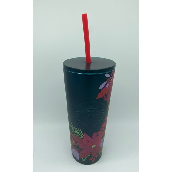 Starbucks Holiday Christmas 2021 Dark Green Poinsettia Metal Tumbler 16oz New