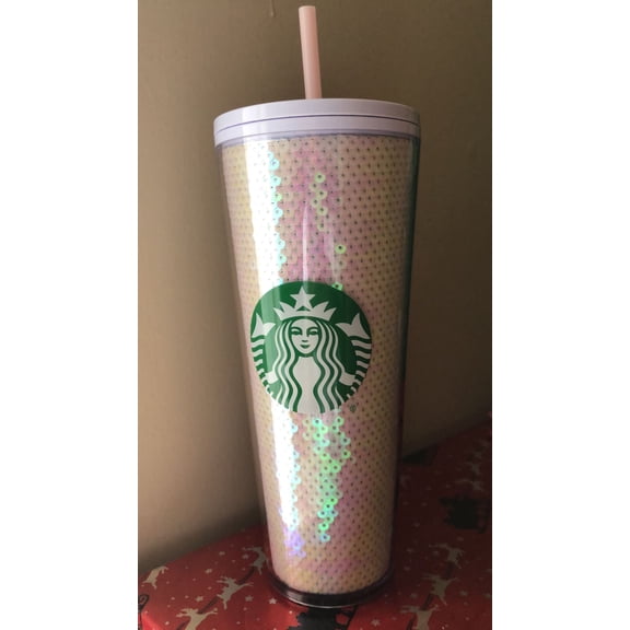 Starbucks Holiday White Pink Sequins, Cold Cup, 24oz Tumbler