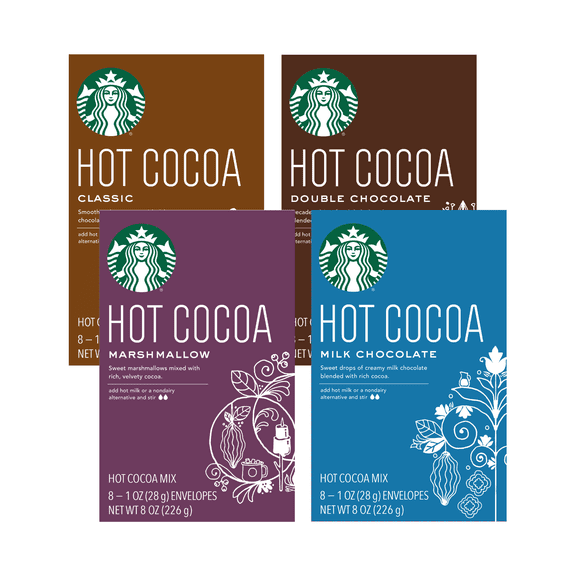 Starbucks Hot Cocoa Mix Variety Pack, Classic, Double Chocolate, Marshmallow & Milk Chocolate Cocoa, 4 Pack Assortment, 8 oz Packs Variety Pack