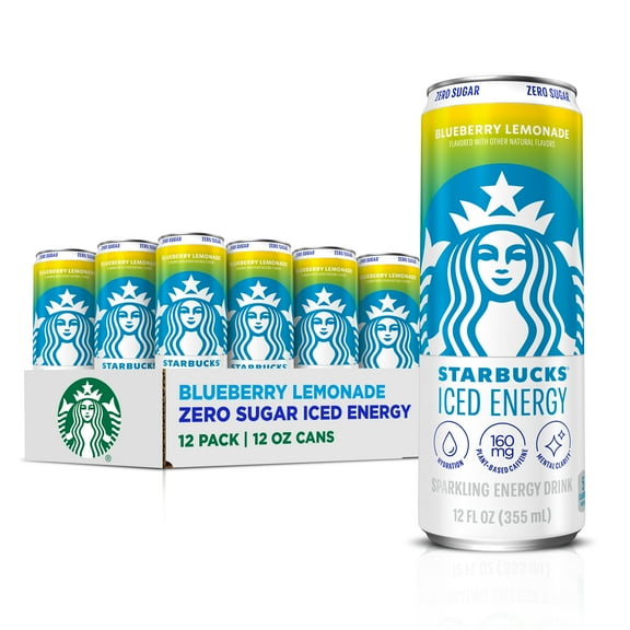Starbucks Iced Energy Zero Sugar Sparkling Energy Drink Blueberry Lemonade 12 fl oz Cans, 12 Pack