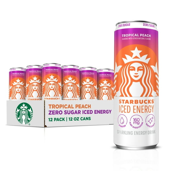 Starbucks Iced Energy Zero Sugar Sparkling Tropical Peach Energy Drink, 12 fl oz cans 12 Pack