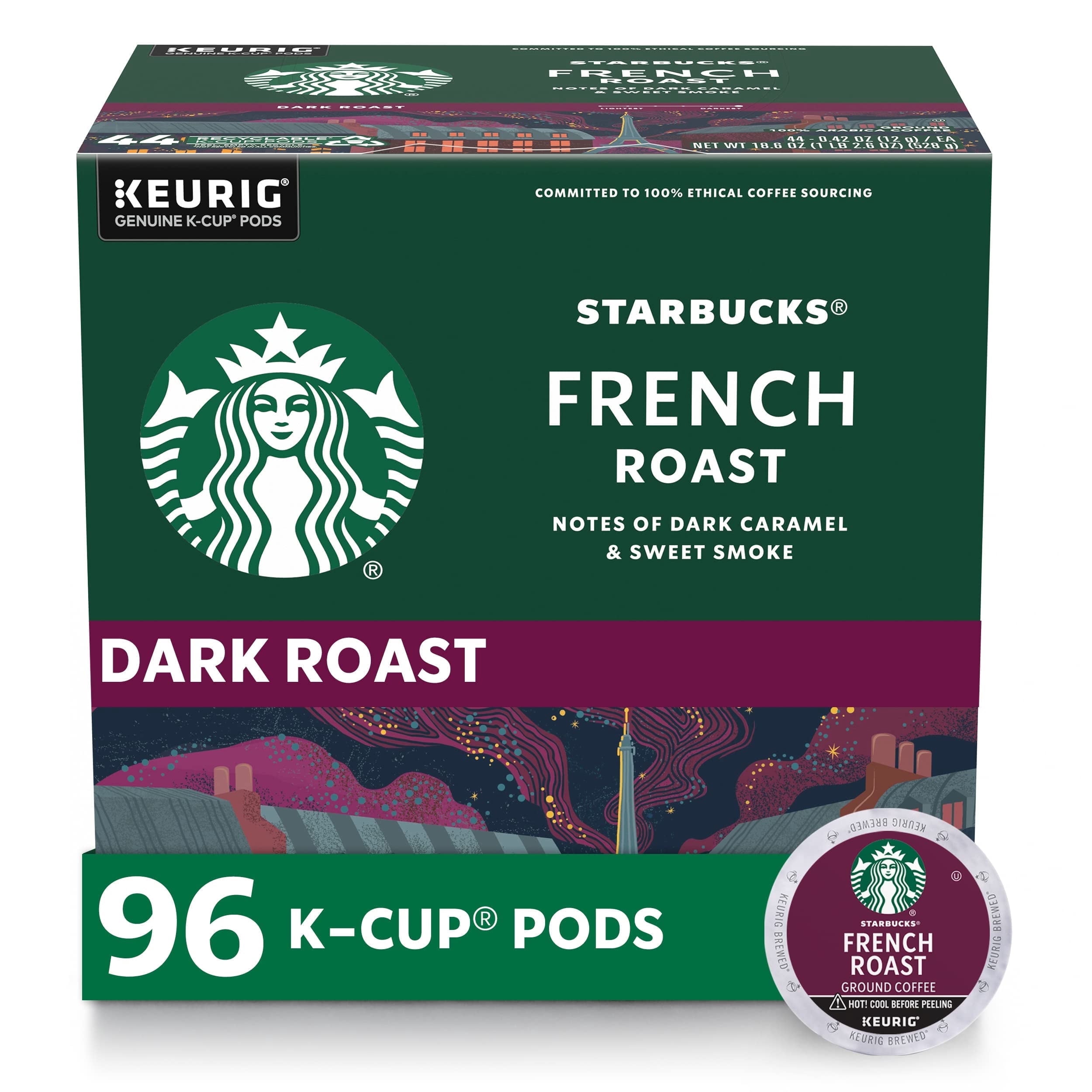 Starbucks Dark Roast Coffee Pods, French Roast, 100% Arabica, 96