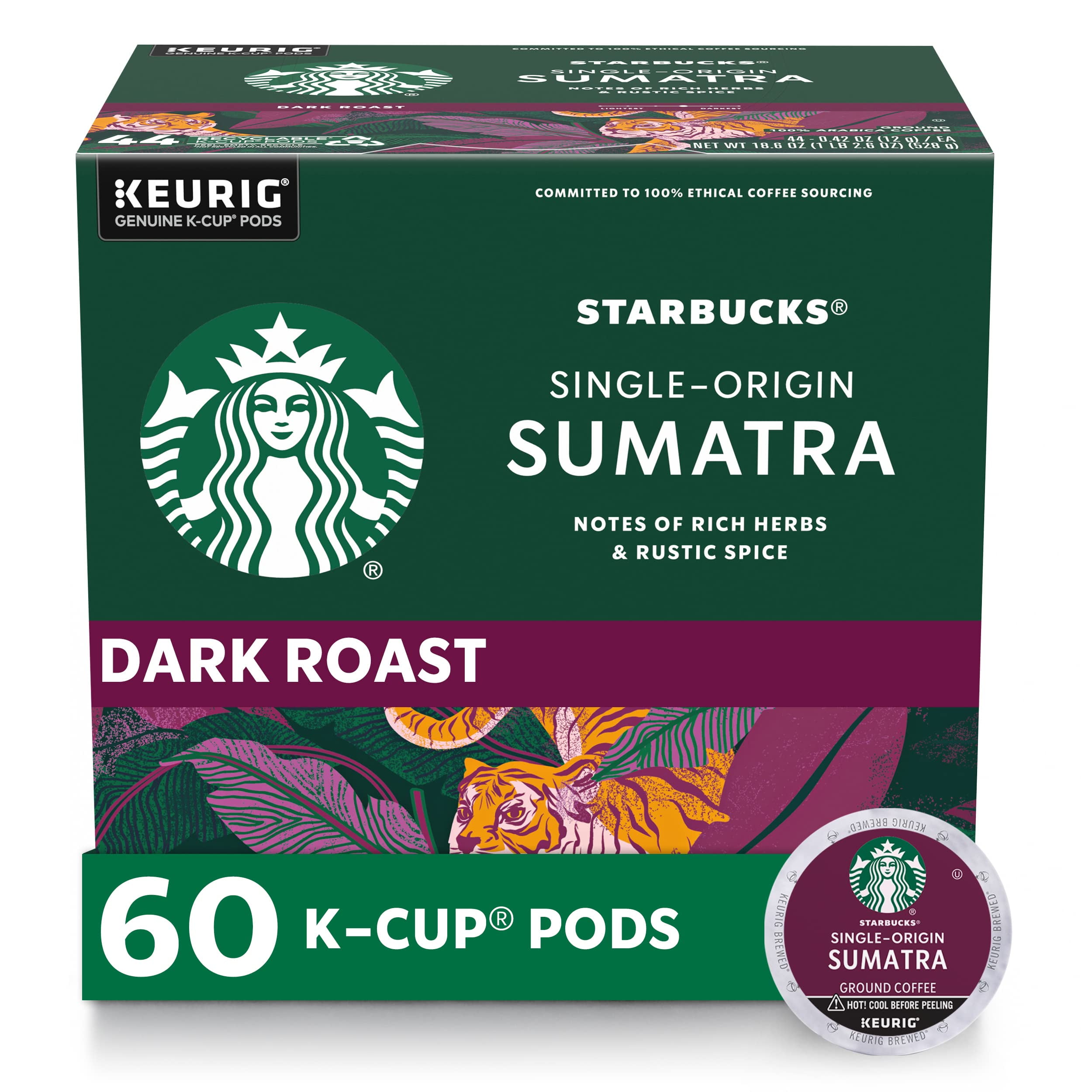 Starbucks K-Cup Coffee Pods, Dark Roast Coffee, Sumatra For Keurig Brewers, 100% Arabica, 6 Boxes (60 Pods Total)