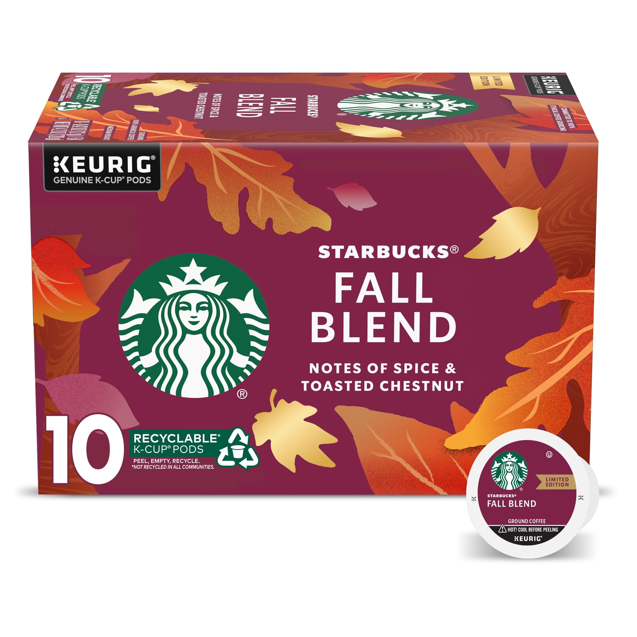 Starbucks K-Cup Coffee Pods, Fall Blend Medium Roast Coffee For Keurig Brewers, 100% Arabica, Limited Edition, 1 Box (10 Pods)