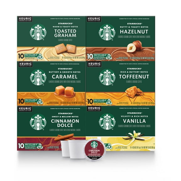 Starbucks K-Cup Coffee Pods—Flavored Coffee—Variety Pack For Keurig Brewers—Naturally Flavored—100% Arabica—6 Boxes (60 Pods Total)