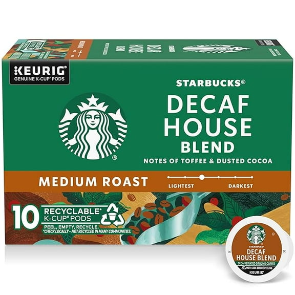 Starbucks K-Cup Coffee Pods, Medium Roast Coffee, Decaf House Blend, 100% Arabica, 1 box (10 pods)
