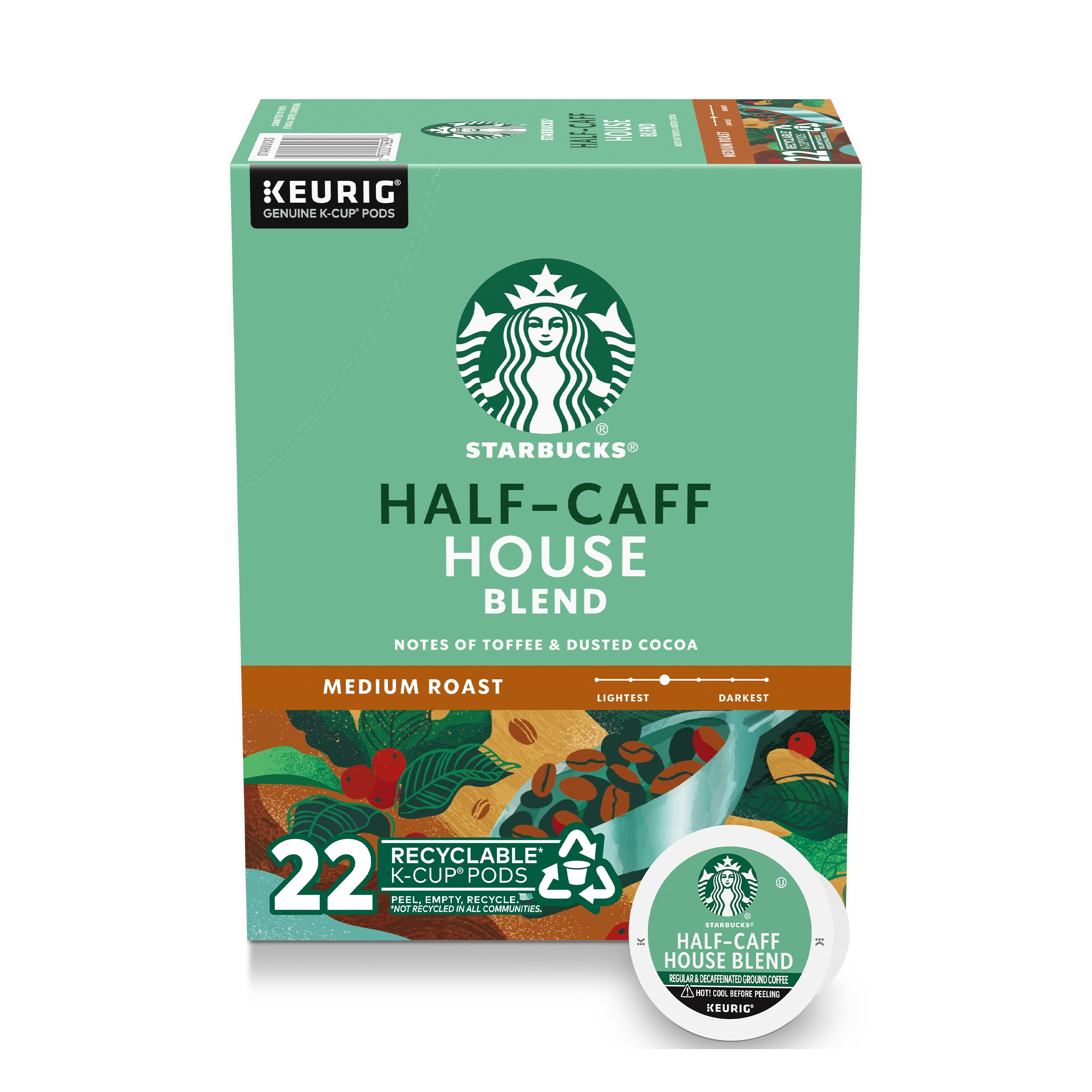 Starbucks KCup Coffee Pods, Medium Roast Coffee, HalfCaff House Blend