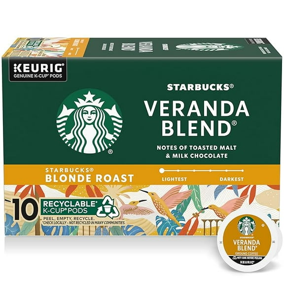 Starbucks K-Cup Coffee Pods, Starbucks Blonde Roast Coffee, Veranda Blend, 100% Arabica, 1 box (10 pods)