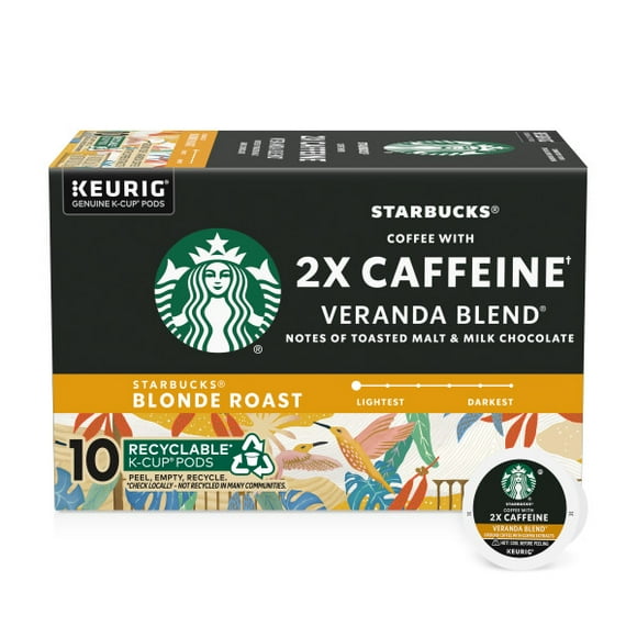 Starbucks K-Cup Coffee Pods, Starbucks Blonde Roast Coffee With 2X Caffeine Veranda Blend For Keurig Brewers, 100% Arabica, 1 Box (10 Pods)