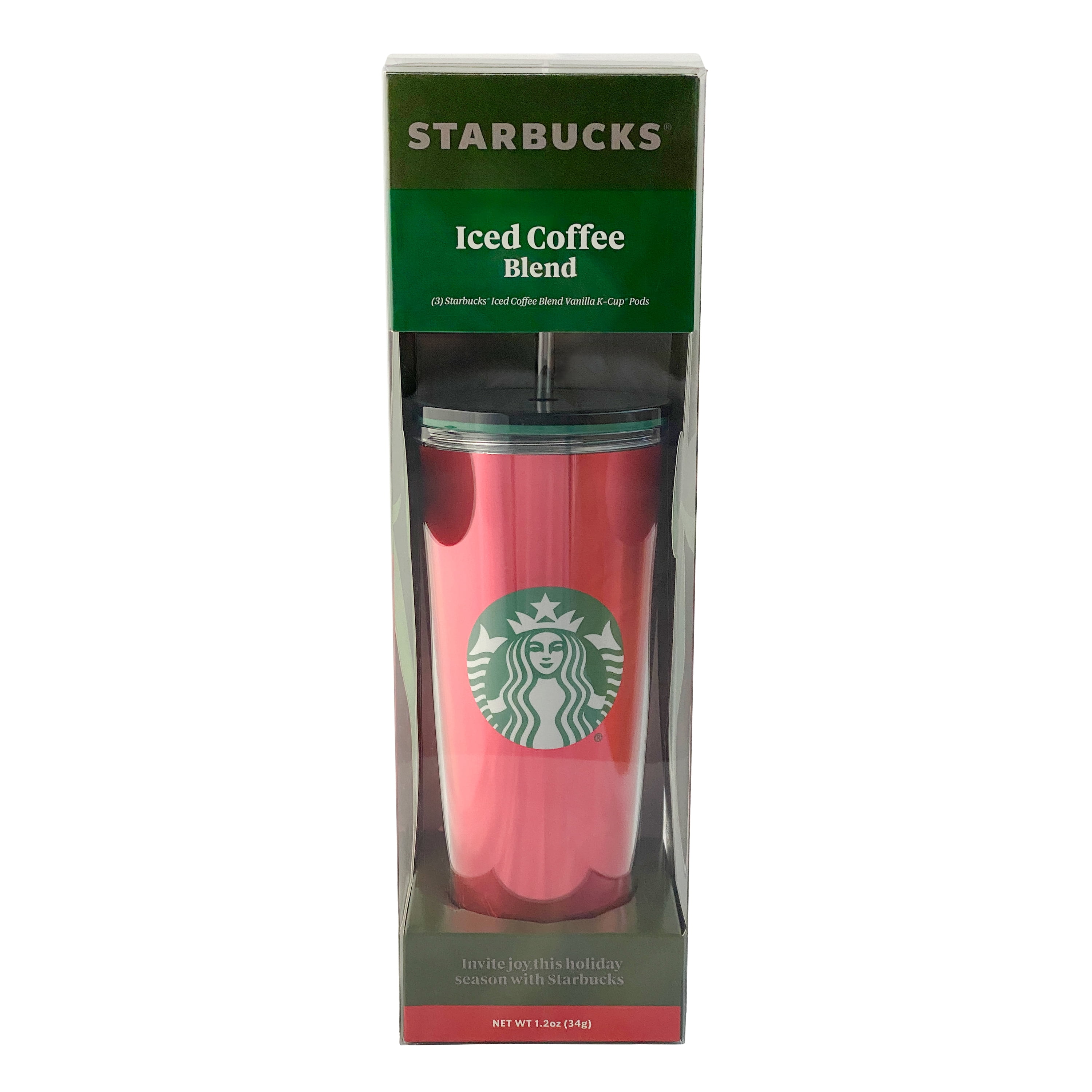 Starbucks Limited Edition 24oz Double Wall Tumbler Cold To Go Cup with Vanilla Iced Coffee K-Cup Pods (3) - Red