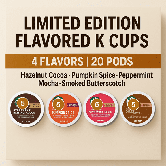 Starbucks Limited Edition Flavored Coffee Pods Variety Pack, 4 Seasonal Flavors Hazelnut Cocoa, Pumpkin Spice, Peppermint Mocha, Smoked Butterscotch 20 Count Gift Box, Compatible with Keurig K-Cu