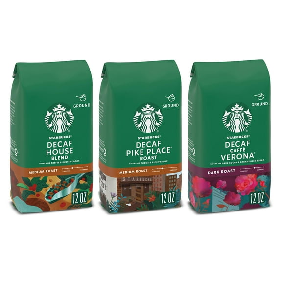 Starbucks Medium & Dark Roast Decaf Ground Coffee, Variety Pack, 3 Bags (12 Oz Each)
