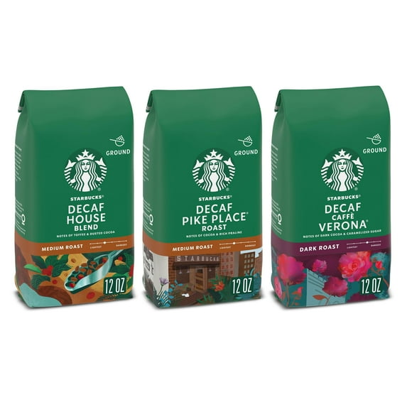 Starbucks Medium & Dark Roast Decaf Ground Coffee, Variety Pack, 3 Bags (12 Oz Each)