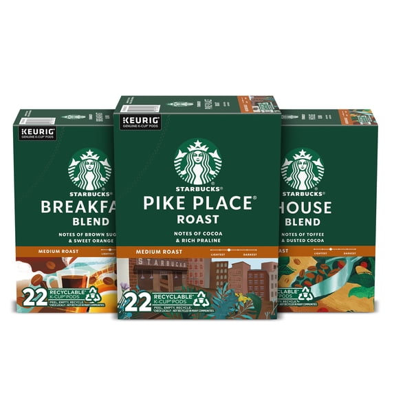 Starbucks Medium Roast Keurig K-Cup Coffee Pods, Variety Pack, Pike Place Roast, Breakfast Blend, House Blend, 66 Count