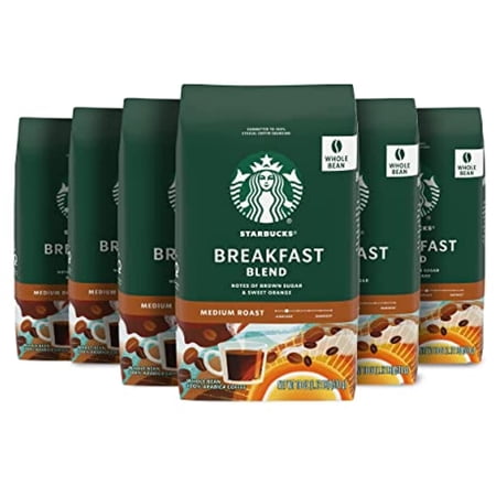 Starbucks Medium Roast Whole Bean Coffee — Breakfast Blend — 100% Arabica— 6 Bags (18 Oz. Each)