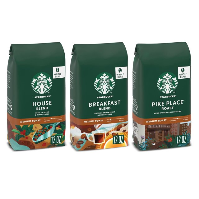 Starbucks Medium Roast Whole Bean Coffee, Variety Pack, 3 bags (12 oz