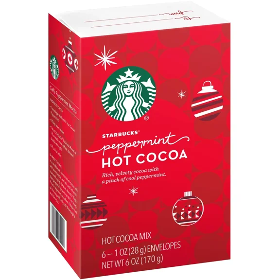 Starbucks Peppermint Hot Cocoa Mix - 6 Single-Serve Envelopes, Velvety with Cool Peppermint