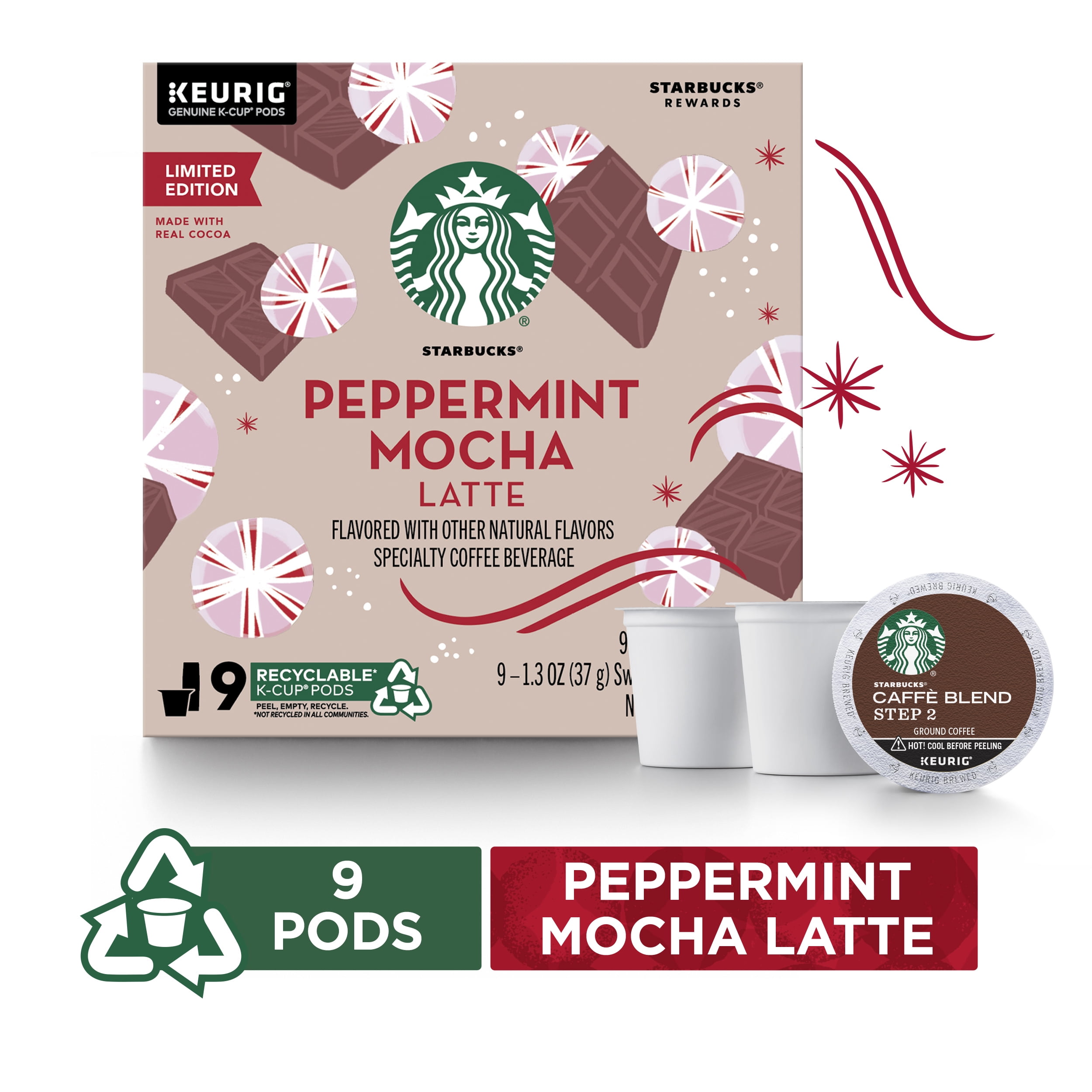 Starbucks Peppermint Mocha Caffe Latte Flavored Medium Roast Coffee Single-Cup Coffee for Keurig Brewers 1 Box of 9 (9 Total K-Cup Pods) Chocolaty & Minty Notes