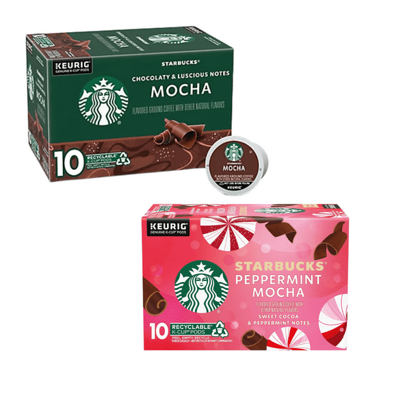 Starbucks Peppermint Mocha Coffee K-Cup Pods, 10 Count And Starbucks Mocha Coffee K-Cup Pods, 10 Count Bundle