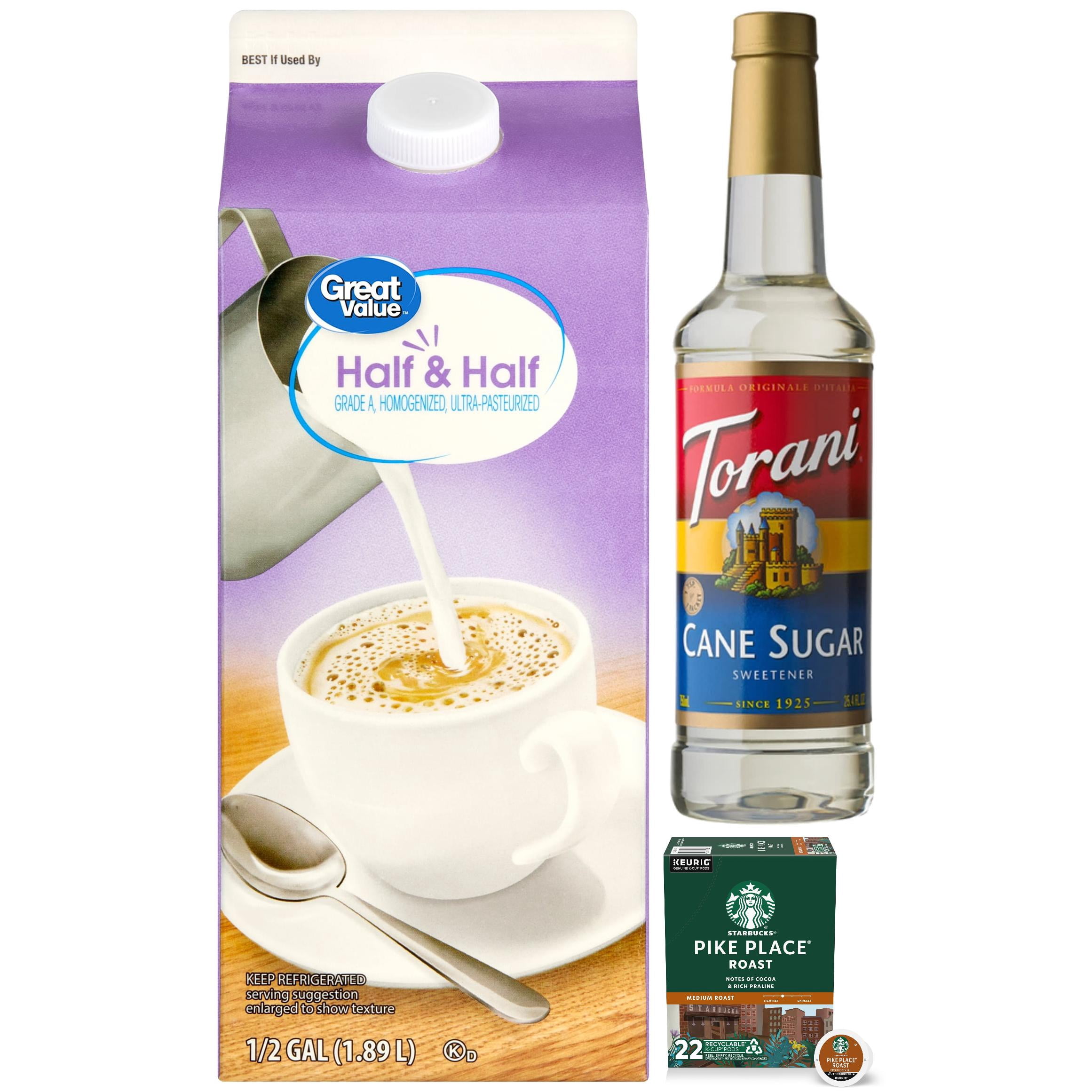 Starbucks Pike Place Coffee Pods with Great Value Half and Half and Torani Cane Sugar Syrup Bundle