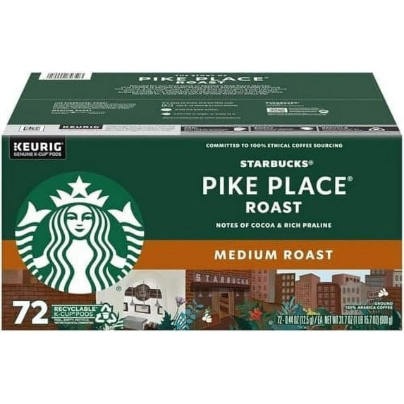 Starbucks Pike Place K-Cup Pods - Medium Roast Arabica Coffee - Cocoa and Rich Praline - 72 cts