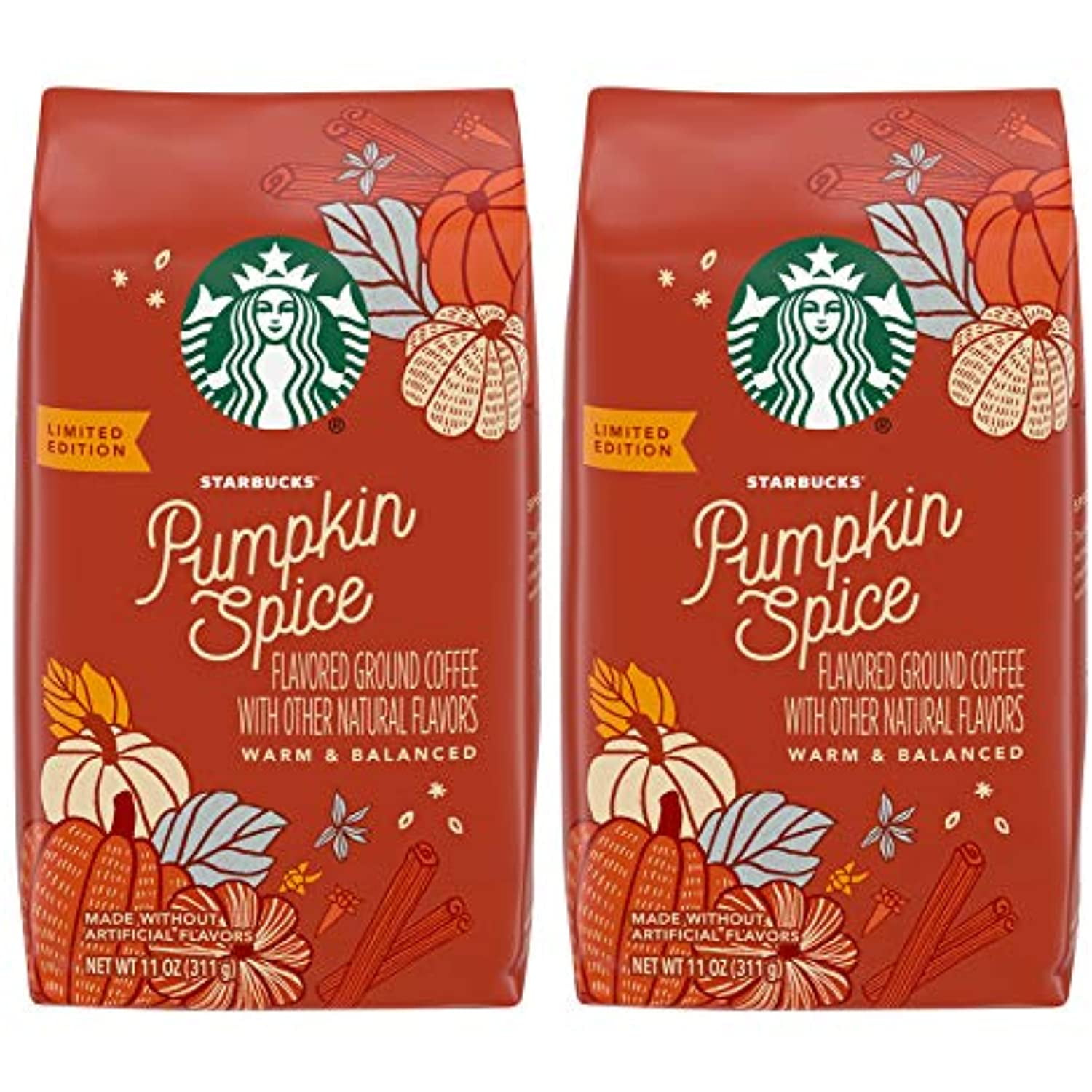 Starbucks Pumpkin Spice Flavored Ground Coffee Warm & Balanced, No