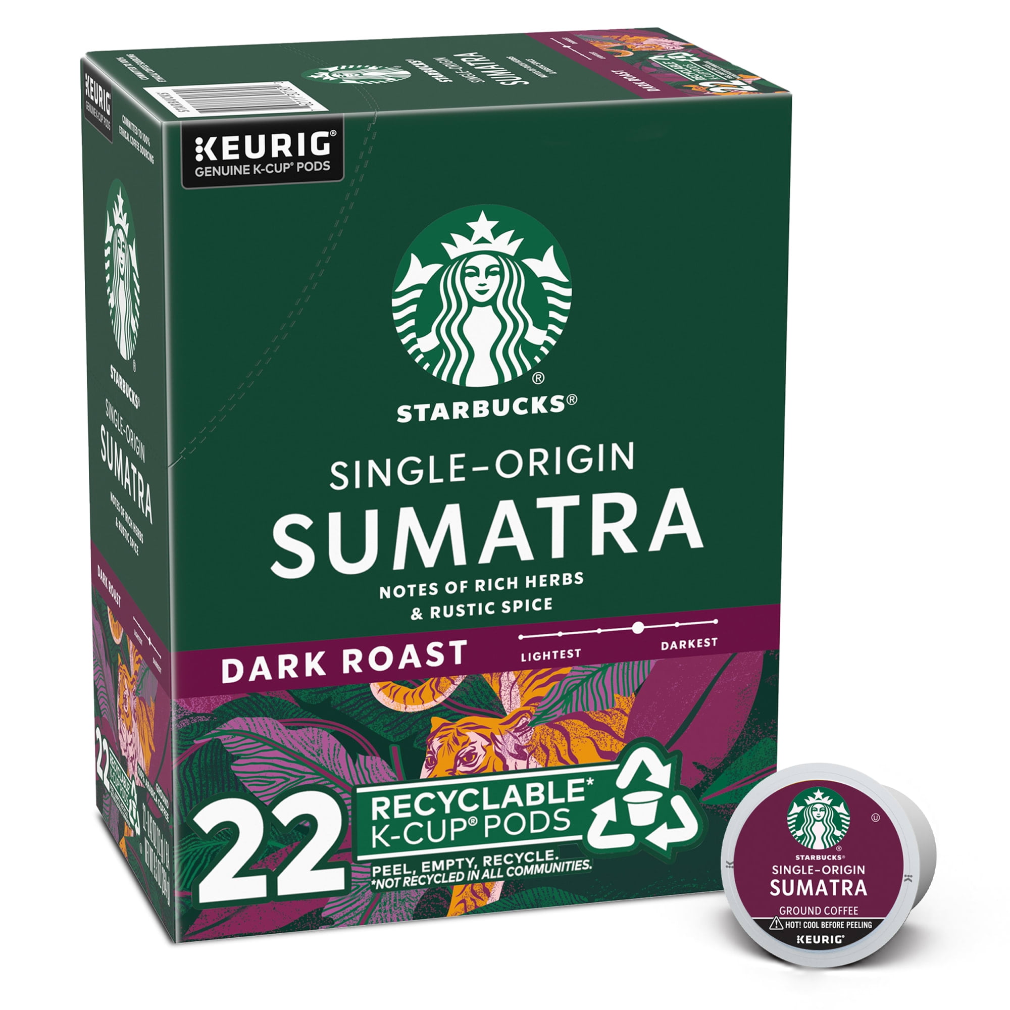 Starbucks Sumatra Dark Roast Coffee, Keurig K-Cup Pods, 22 Count