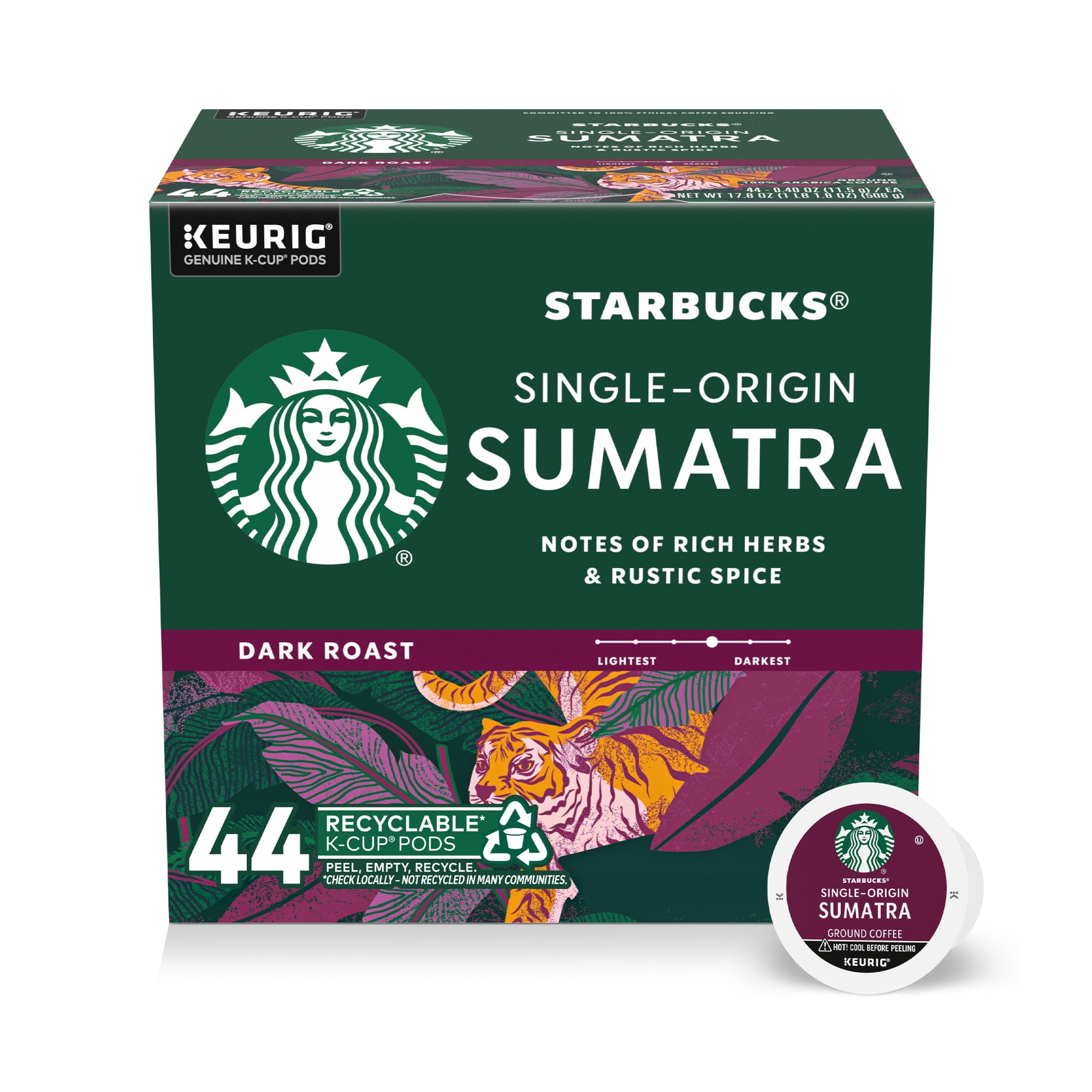 Starbucks Sumatra, Hot or Iced Coffee, Dark Roast K-Cup Coffee Pods, 44 Count​