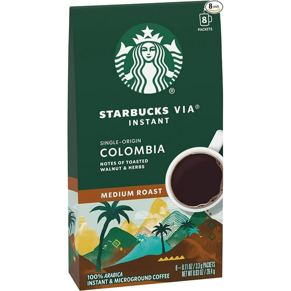 Starbucks VIA Instant Coffee, Medium Roast Coffee, Single-Origin Colombia, 100% Arabica, Single-Serve, 1 Box (8 Packets)