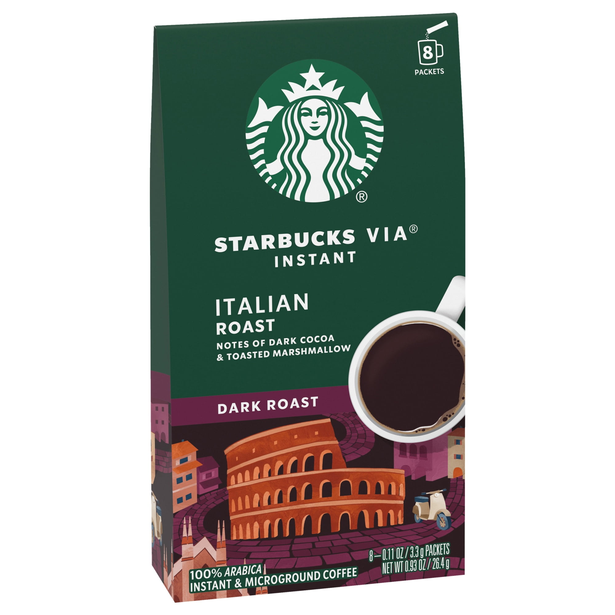 Starbucks Via Italian Roast, Dark Roast Instant Coffee, 8 Count