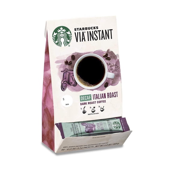 Starbucks Via Instant CoffeeDark Roast CoffeeDecaf Italian Roast100% Arabica1 Box (50 Packets)