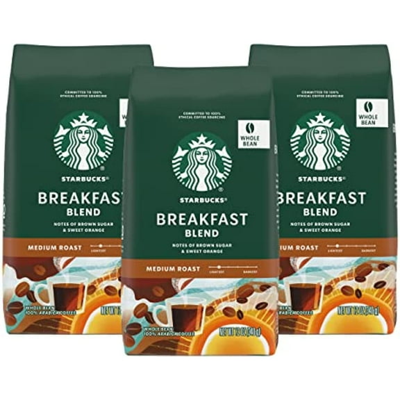 Starbucks Whole Bean Breakfast Blend Coffee, Medium Roast, 100% Arabica Coffee, 12 Oz (Pack Of 3)