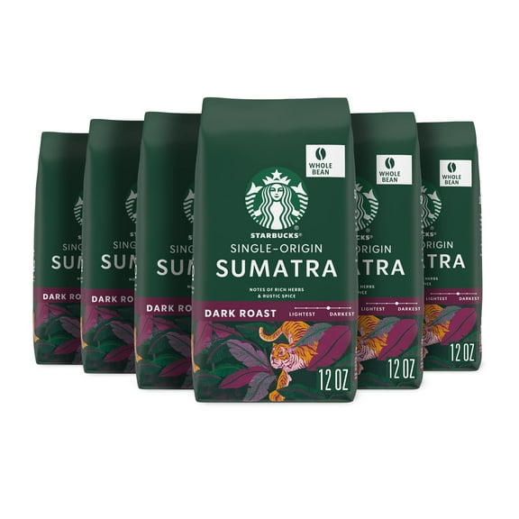 Starbucks Whole Bean Coffee, Dark Roast Coffee, Sumatra, 100% Arabica, 6 Bags (12 Oz Each)