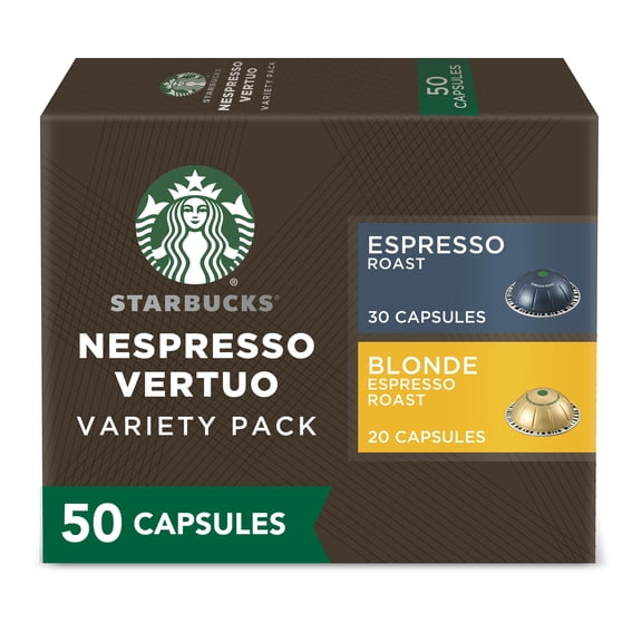 Starbucks by Nespresso Vertuo, Blonde & Dark Roast Variety Pack Coffee & Espresso, 50-count Coffee and Espresso Pods, Brews 7.8 oz and 1.35 oz.