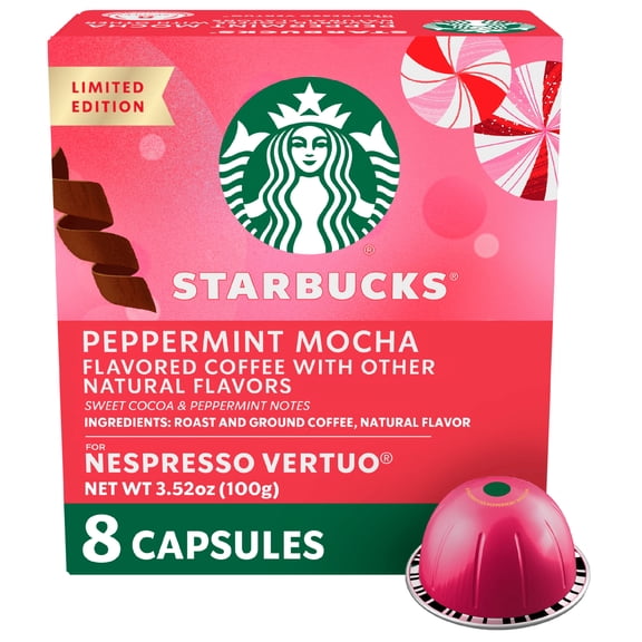 Starbucks Peppermint Mocha Flavored Coffee for Nespresso Vertuo, Limited Edition, 8 Coffee Capsules 3.52 oz
